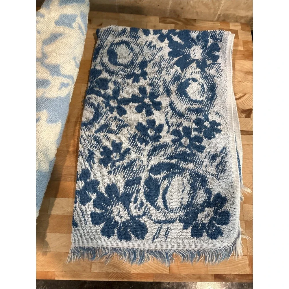 2 Vintage Fieldcrest Cotton Hand Dish Towel Blue Flowers Cottagecore Grandmacore